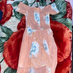 Peachy Color Off The Shoulder Floral Dress! Long Back Tail!